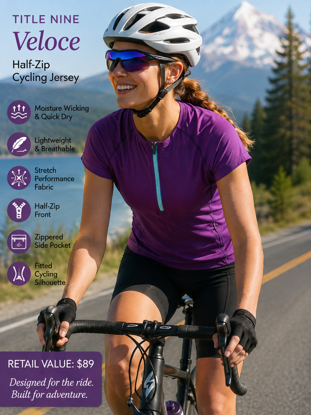 Title Nine Women's Veloce Bike Tee Half Zip Cycling Jersey Purple Small Gorpcore